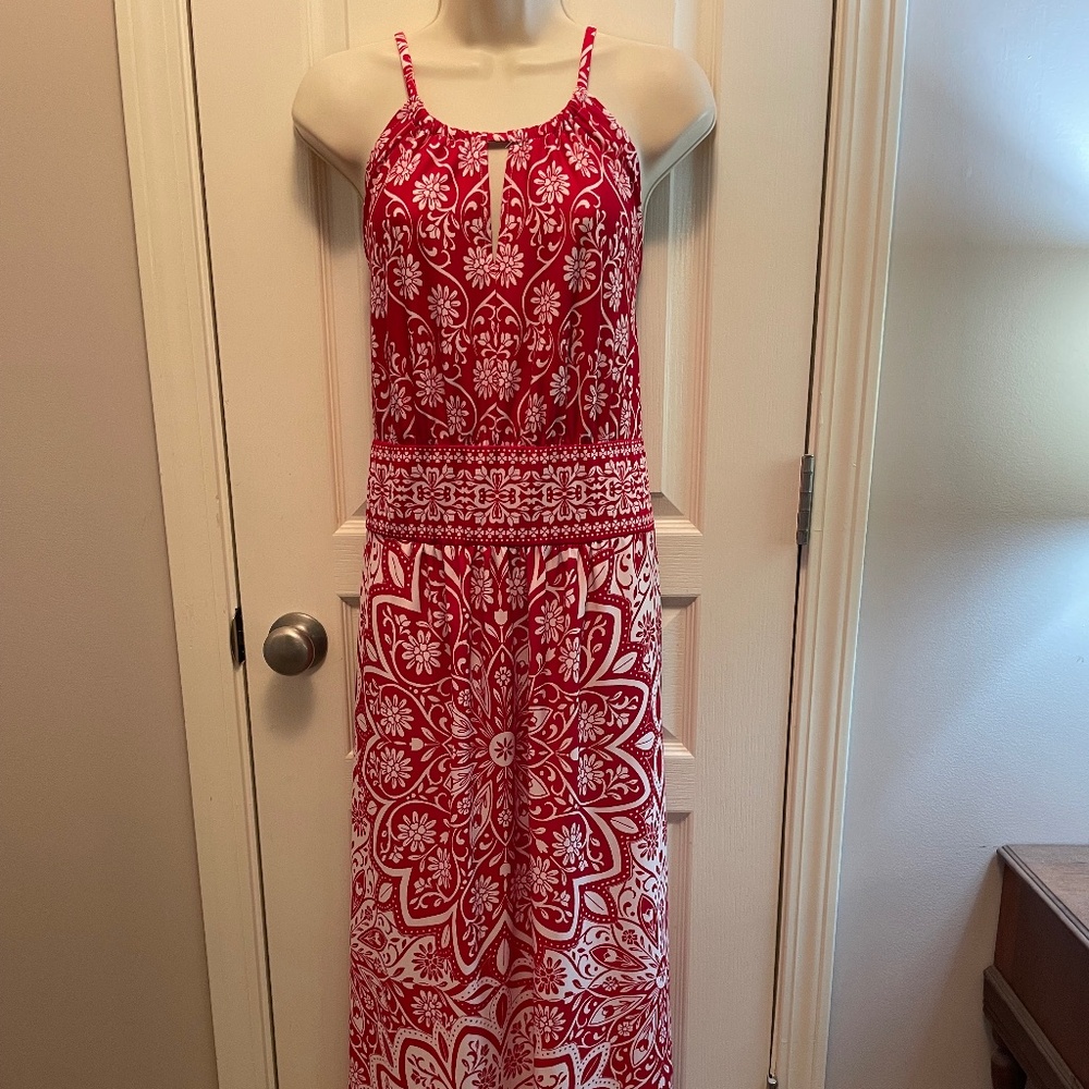 Red and white maxi dress